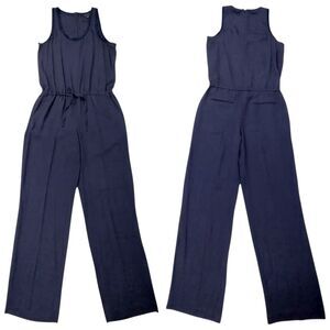 Theory Jumpsuit Womens 6 Navy Silk Sleeveless Tie Front Straight Leg Relaxed Fit